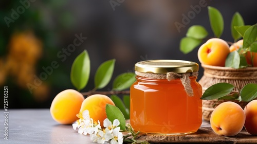 Apricot Preserve in Jar with Fresh Fruit and Blossoms