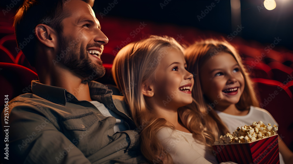 Dad and daughters are excited to watch a movie in the cinema. Time with family. Cheerful sisters enjoying time with dad holding popcorn in cinema. Entertainment concept.