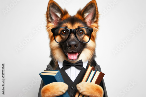 funny smiling German Shepherd dog school with glasses hold books on white background. ai generative