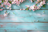 Spring border or background art with pink blossom. Beautiful nature scene with blooming tree and wood backdrop in pink and teal colour. Easter concept by Vita