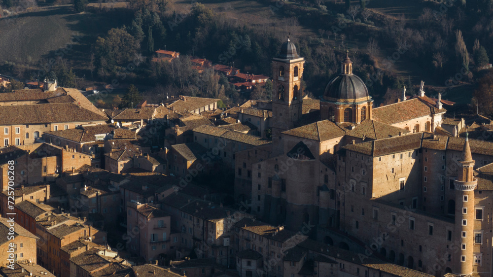 Aerial view of the Ducal Palace in Urbino, Marche, Italy. It is the main monument of the city. It was an important center of the Italian Renaissance and the entire structure is a world heritage site.