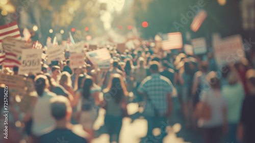 Blurred image of a rallying crowd of people with flags for the background.