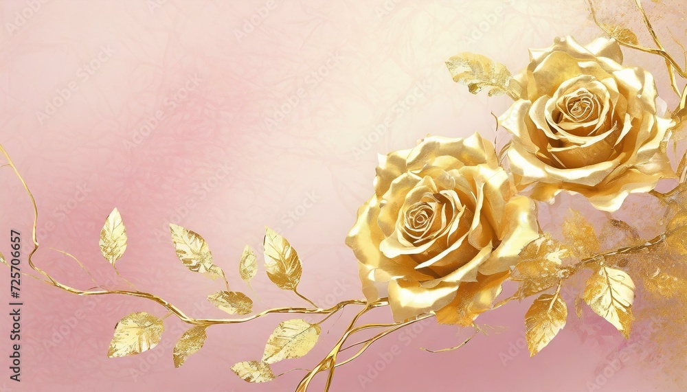 Złote róże tworzące ornament na różowym tle - obrazy, fototapety, plakaty 