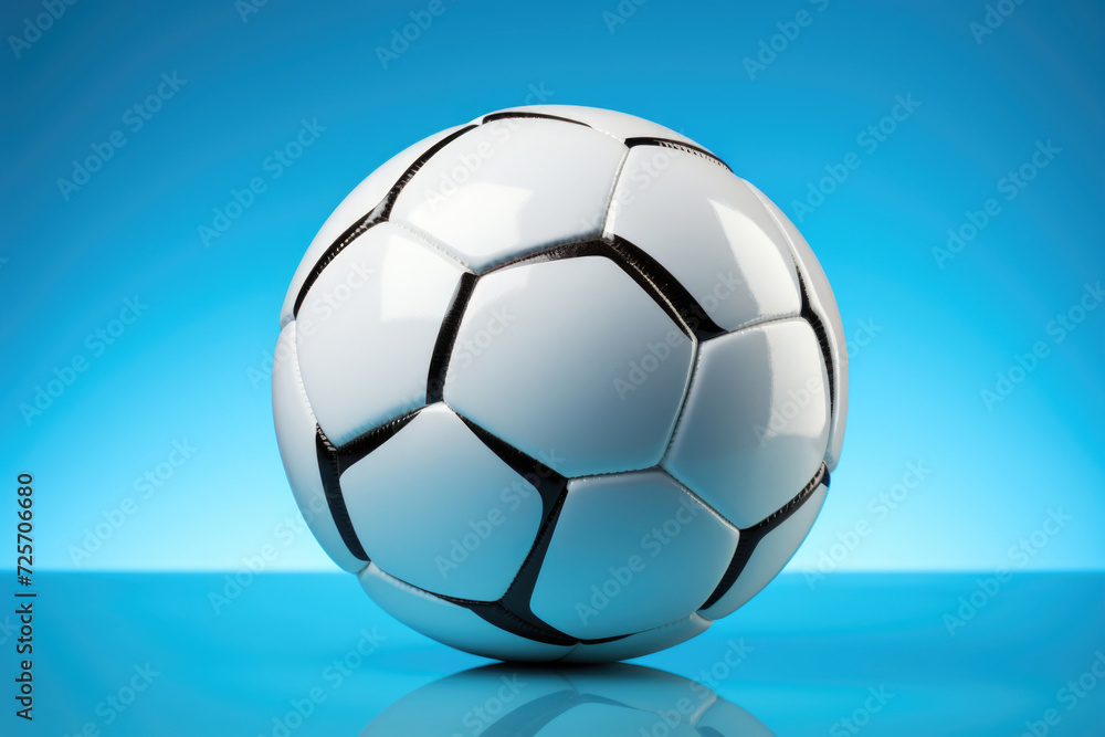 Fototapeta premium A photo of Soccer ball or foot ball on light blue background Generative AI