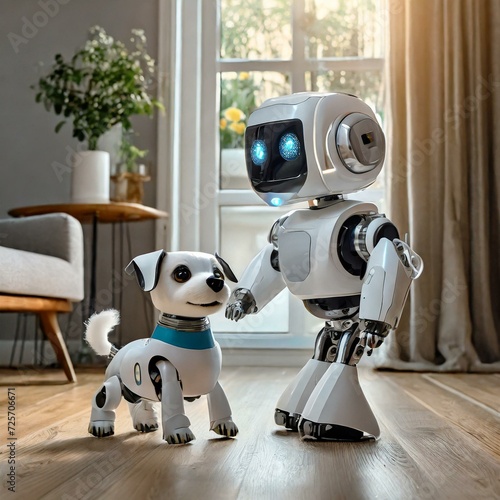 Android bawiący się w salonie z robotem przypominającym psa