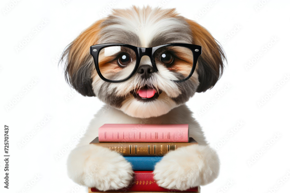 Obraz premium funny smiling Shih Tzu dog school with glasses hold books on solid white background. ai generative