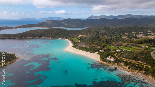 Aerial drone footage of the crystalline sea of ​​Sardinia. Tuerredda beach and white sand.