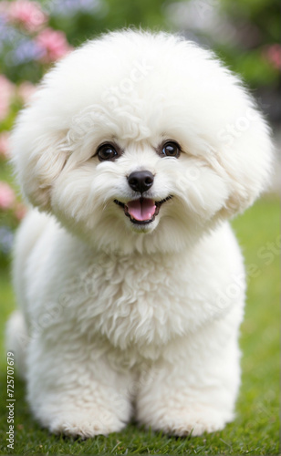 Adorable perrito blanco y feliz de la raza Bichon Frize, en un jardín con flores. © LuisC
