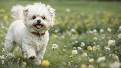 Adorable perrito blanco y feliz de la raza Bichon Frize, en un jardín con flores.