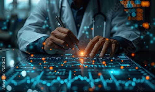 A healthcare professional examines detailed medical statistics on paper enhanced with digital data visualization, signifying modern medical analysis.