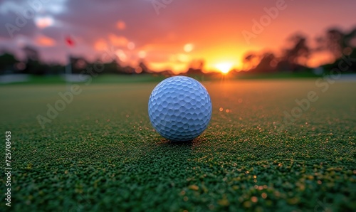 A detailed view of a golf ball on the green with a vibrant sunset background, capturing the serenity of the golf course.