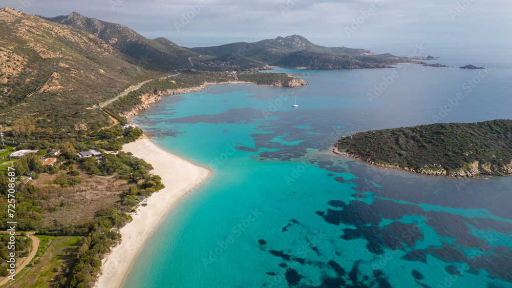 Aerial drone footage of the crystalline sea of ​​Sardinia. Tuerredda beach and white sand.