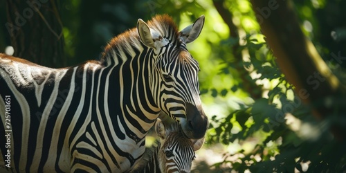 A zebra standing next to a tree in a forest. This image can be used to depict wildlife in natural habitats
