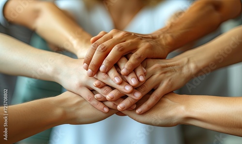 A diverse group of people stack hands together in a unified gesture of teamwork and collaboration.