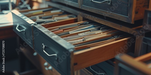 A drawer filled with files and an assortment of knives. This versatile image can be used to depict organization, tools, or even danger