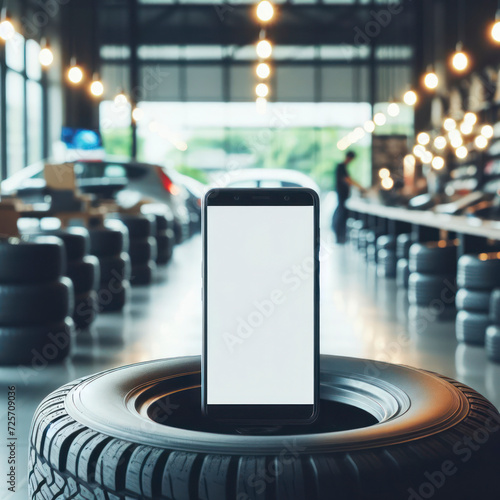 Smartphone with mockup white screen on car tires shop blured bokeh background. ai generative