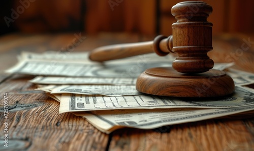 A wooden judge's gavel rests on a pile of cash on a wooden table, symbolizing the intersection of law and financial matters.