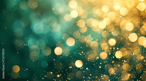golden bokeh on defocused teal green colors background, Abstract blur bokeh banner background.