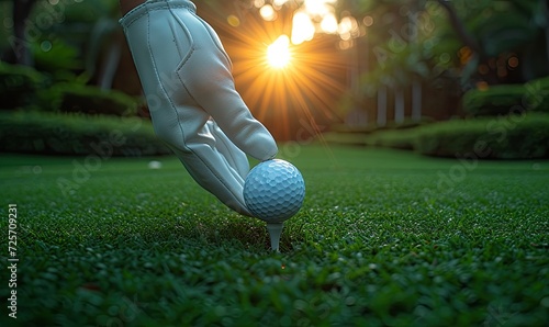 Close-up of a golfer's hand in a glove placing a golf ball on a tee on a dewy morning, with the sun rising over the course.