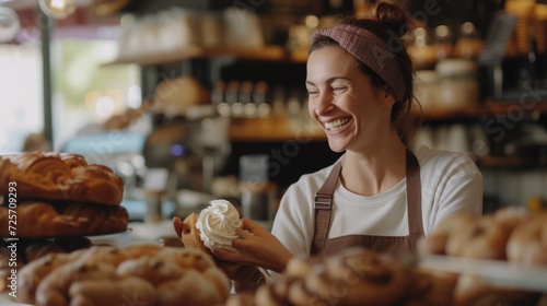 A woman is happily holding a doughnut, ready to take a bite. Perfect for food lovers and dessert enthusiasts
