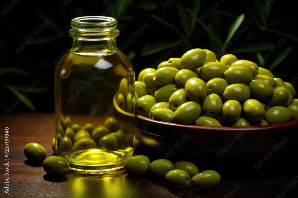 Fresh bio olive oil in glass bottle with ripe olives, healthy food farm concept. Generative Ai. Fresh bio olive oil in glass bottle with ripe olives, healthy food farm concept. Generative Ai.