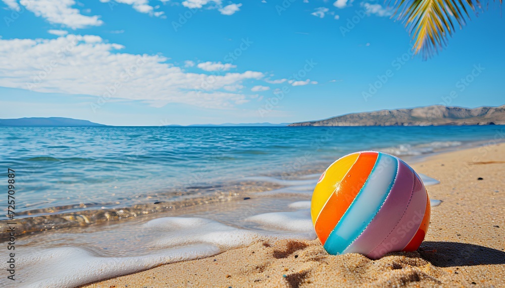 beach ball on a tropical sandy beach during summer. Beach ball in sand. Summertime vacation with clear blue water and the sun beach ball on a tropical sandy beach during summer. Beach ball in sand. Summertime vacation with clear blue water and the sun