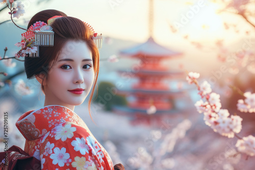 a beautiful japan girl wearing traditional costume with the cherry blossom and pagoda background