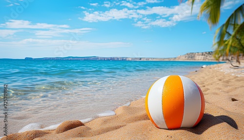 beach ball on a tropical sandy beach during summer. Beach ball in sand. Summertime vacation with clear blue water and the sun photo