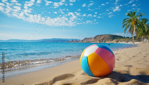 beach ball on a tropical sandy beach during summer. Beach ball in sand. Summertime vacation with clear blue water and the sun
