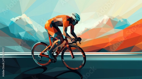 long distance cyclist Geometry in vector on road and mountain background --ar 16:9 Job ID: a7146a42-88ed-4565-9466-a03a4de3805a photo