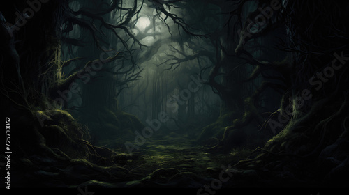 Dark night misty forest scene