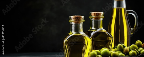 Fresh bio olive oil with ripe olives  healthy food panorama banner. Generative Ai.