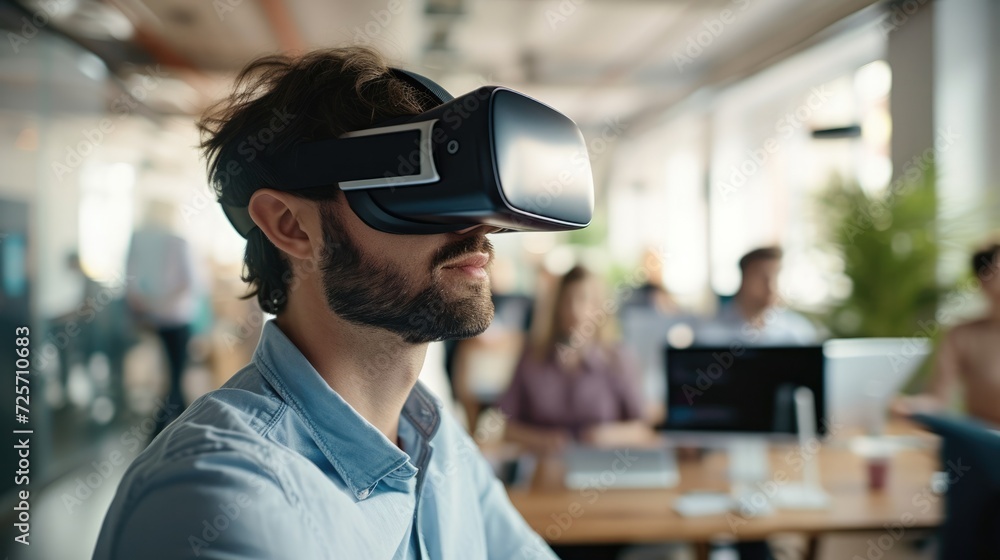 Young Businessman wearing VR glasses in start up office for meeting in the metaverse online Young Businessman wearing VR glasses in start up office for meeting in the metaverse online