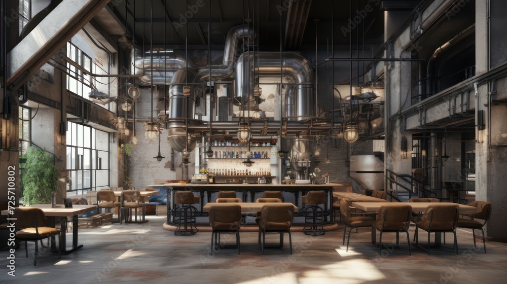 Cafe interior with industrial building house style and cool indoor plants	