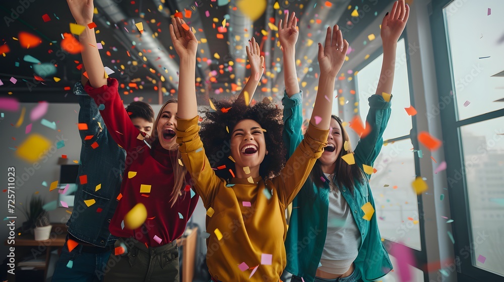 Obraz premium Joyful Celebration: Friends with Confetti in Party Atmosphere