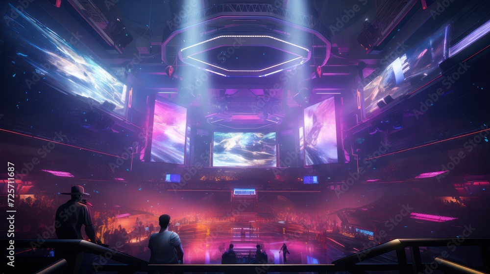 E-sports competition arena, with neon lights and videotron. E-sports competition arena, with neon lights and videotron.