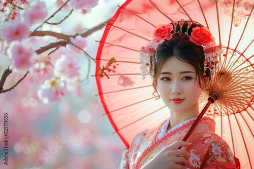 a beautiful japan girl wearing traditional costume with the cherry blossom