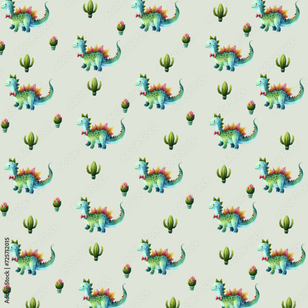watercolor dinosaur illusion. cartoon dinosaur. dinosaur pattern.