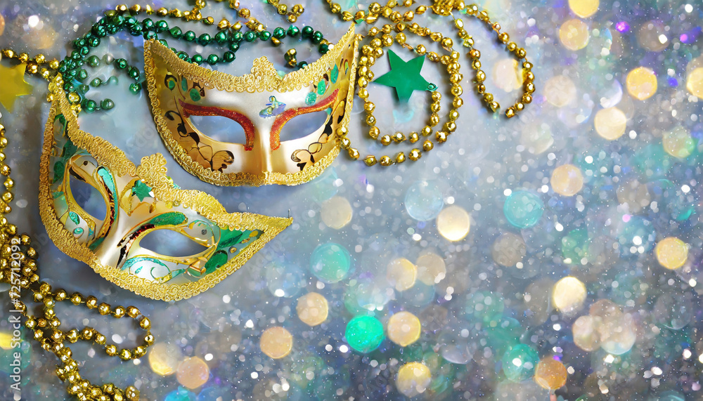 Carnival masks with stars and beads on a bokeh background