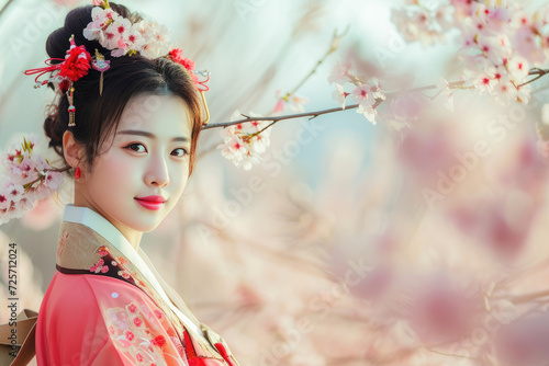 a beautiful korean girl wearing traditional costume with the cherry blossom background