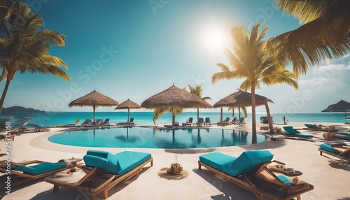 Panoramic holiday landscape. Luxurious beach resort hotel swimming pool and beach chairs or loungers © Adi