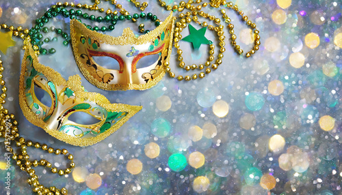 Carnival masks with stars and beads on a bokeh background