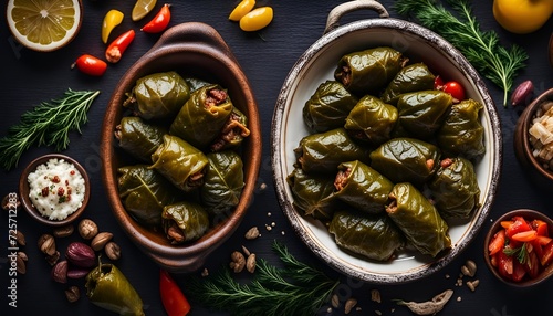 Dolma on a dark background. Traditional Caucasian, Turkish and Greek cuisine, top view
 photo