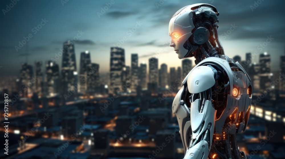 Fototapeta premium Robot futuristic cityscape Generative AI