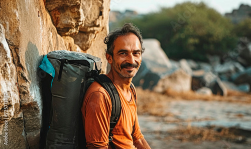 Mature indian hiker carrying a backpack having a break  on rocky landscape photo