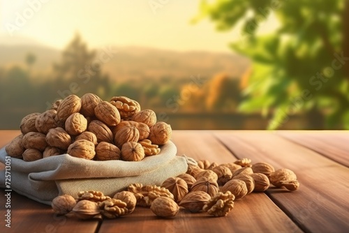 A bag of walnuts with nature background on wooden mat, healthy food concept. Generative Ai.