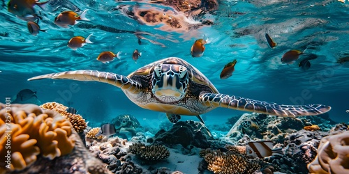 Sea turtle swimming gracefully among coral reefs in vibrant underwater scene. wildlife photography, ocean life captured in natural habitat. AI © Irina Ukrainets