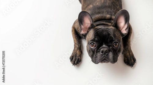 Cute french bulldog, bridle brown black frenchie, big ears, looking at camera, shot from above, room for type, dog breeds, pet care, veterinary, isolated on white background, horizontal banner ad © enigmaestro