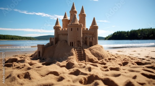 Sand castle beach Sunny Day Generative AI photo