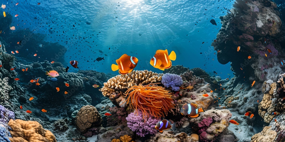 Vibrant underwater seascape with colorful coral and fish. marine life ecosystem captured in a wide-angle view. nature's underwater beauty in a snapshot. serene ocean scene  AI - obrazy, fototapety, plakaty 